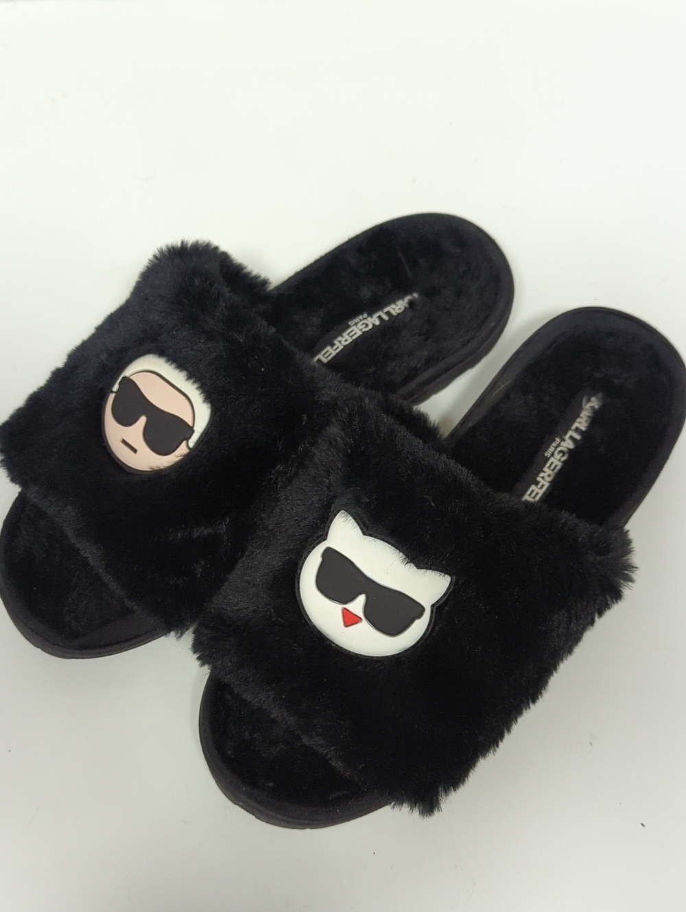 Karl Lagerfeld Choupette Slip On Sz W 7 Faux Fur Furry Iconic Patches Black - Picture 1 of 6